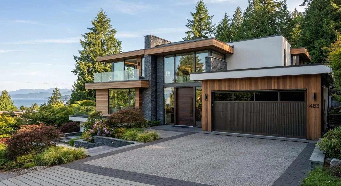 Modern waterfront home with wood and stone exterior, tall entry door, and dark garage door