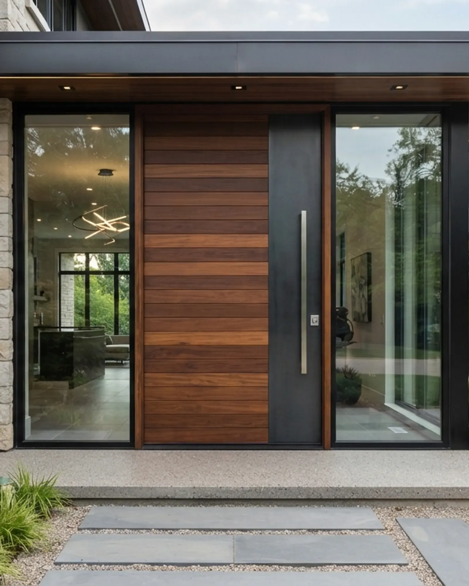 Modern residential entry door with wood slats, sidelights, and stone exterior at dusk