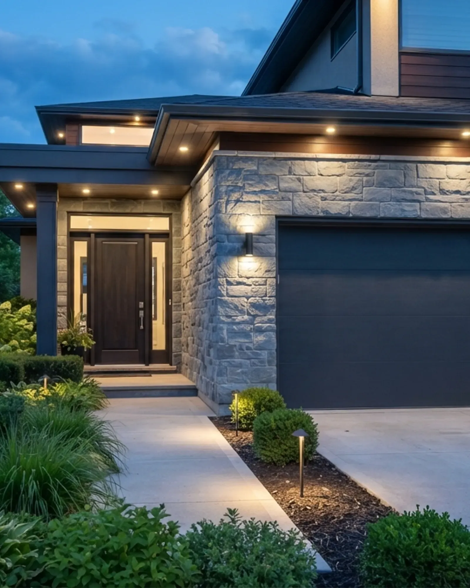 Dark modern garage door on a stone and wood home exterior at dusk with landscape lighting