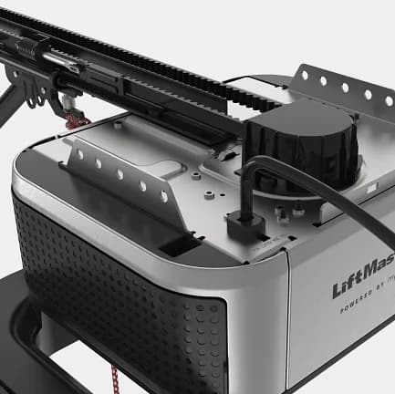 LiftMaster belt-drive garage door opener motor unit on a studio background